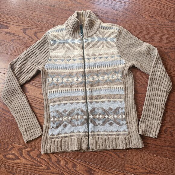 RALPH LAUREN Women L Brown Knit Wool Angora Zip Front Western Nordic Cardigan - Picture 1 of 9